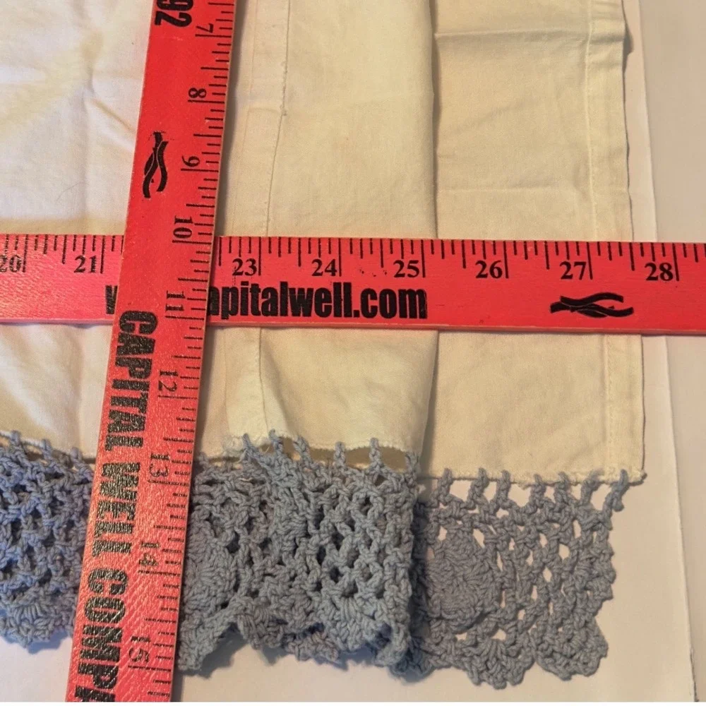 Vintage Crochet Lace Trim Window Valances Cream Rose Blue Cottagecore 55x15 Pair